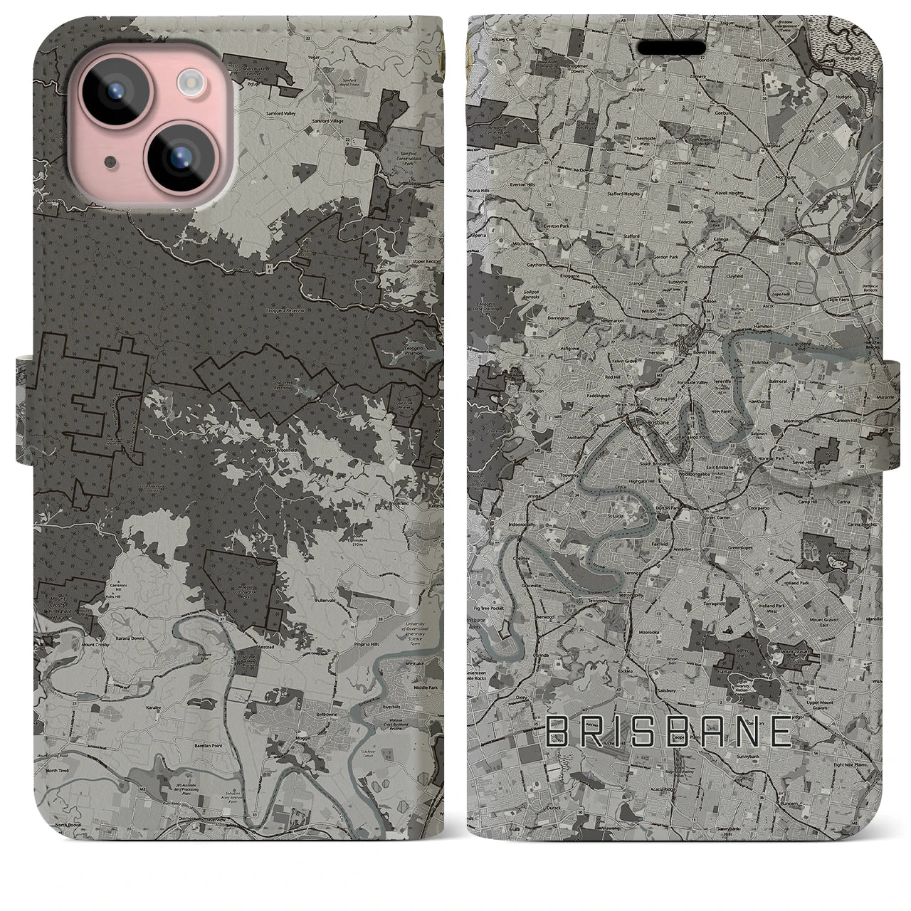 【ブリスベン(オーストラリア)】地図柄iPhoneケース(手帳タイプ)モノトーン・iPhone 15 Plus 用