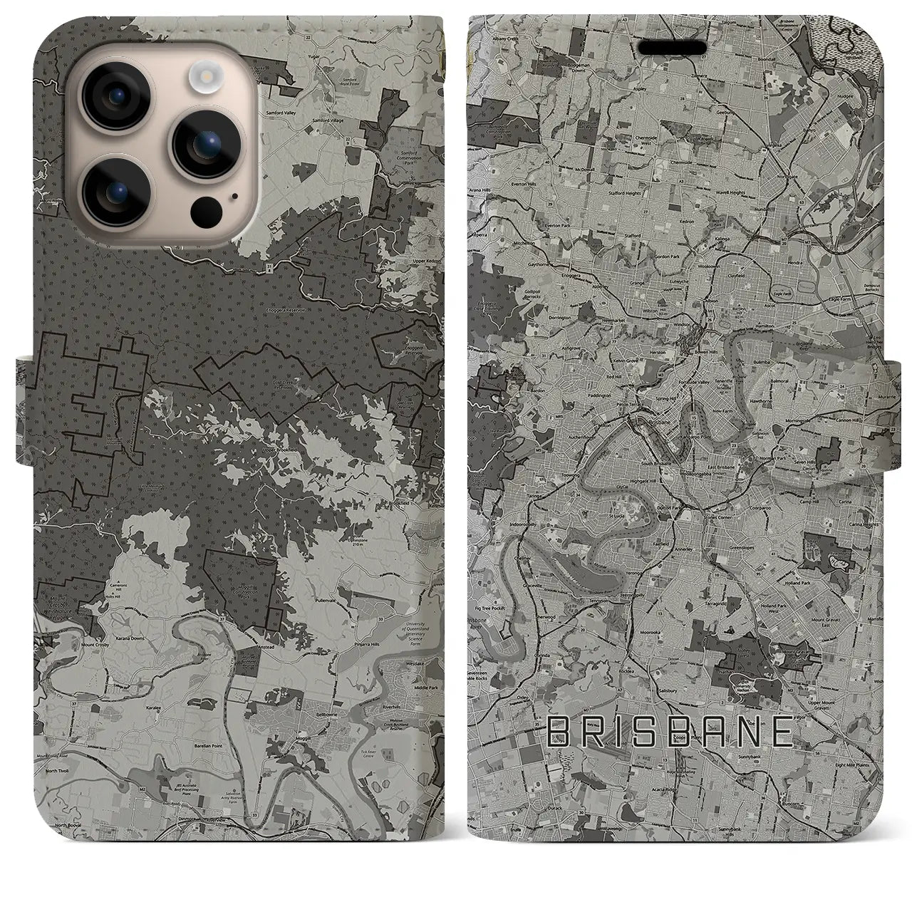 【ブリスベン(オーストラリア)】地図柄iPhoneケース(手帳タイプ)モノトーン・iPhone 16 Plus 用