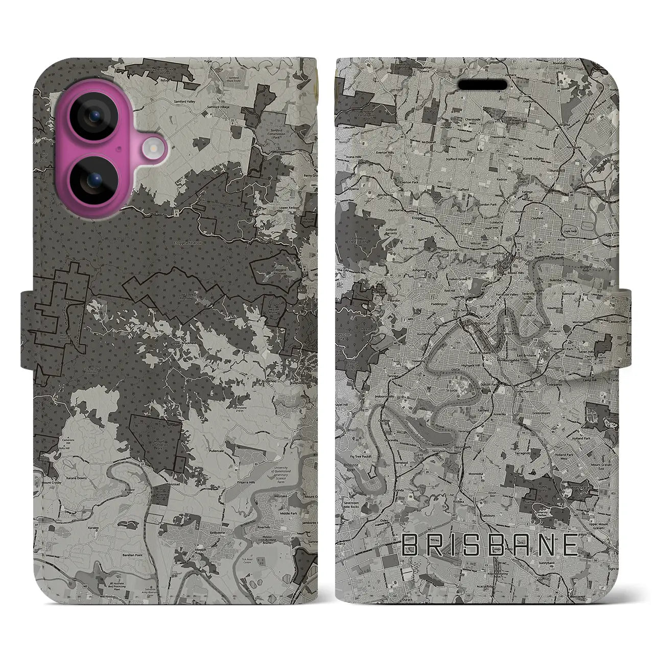 【ブリスベン(オーストラリア)】地図柄iPhoneケース(手帳タイプ)モノトーン・iPhone 16 Pro 用