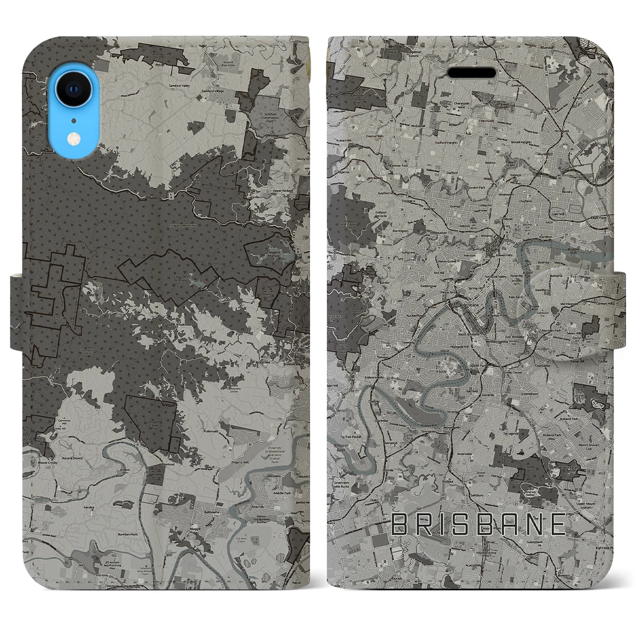 【ブリスベン(オーストラリア)】地図柄iPhoneケース(手帳タイプ)モノトーン・iPhone XR 用