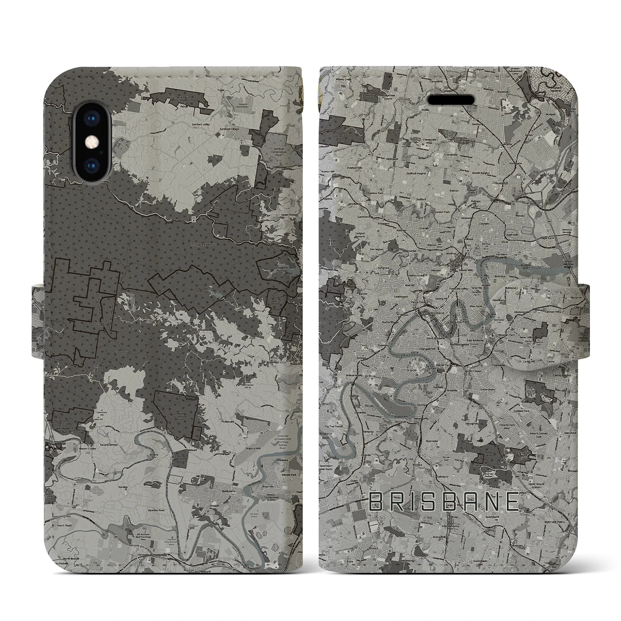 【ブリスベン(オーストラリア)】地図柄iPhoneケース(手帳タイプ)モノトーン・iPhone XS / X 用