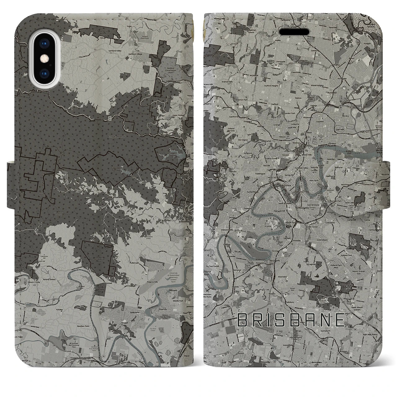 【ブリスベン(オーストラリア)】地図柄iPhoneケース(手帳タイプ)モノトーン・iPhone XS Max 用