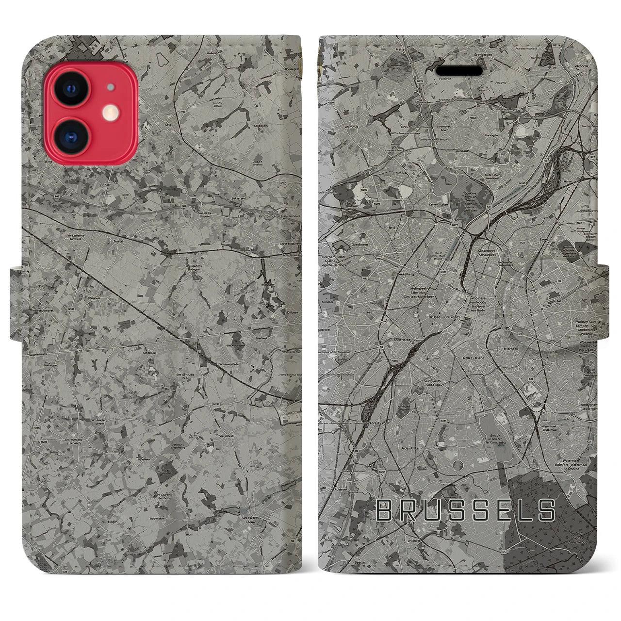 【ブリュッセル(ベルギー)】地図柄iPhoneケース(手帳タイプ)モノトーン・iPhone 11 用