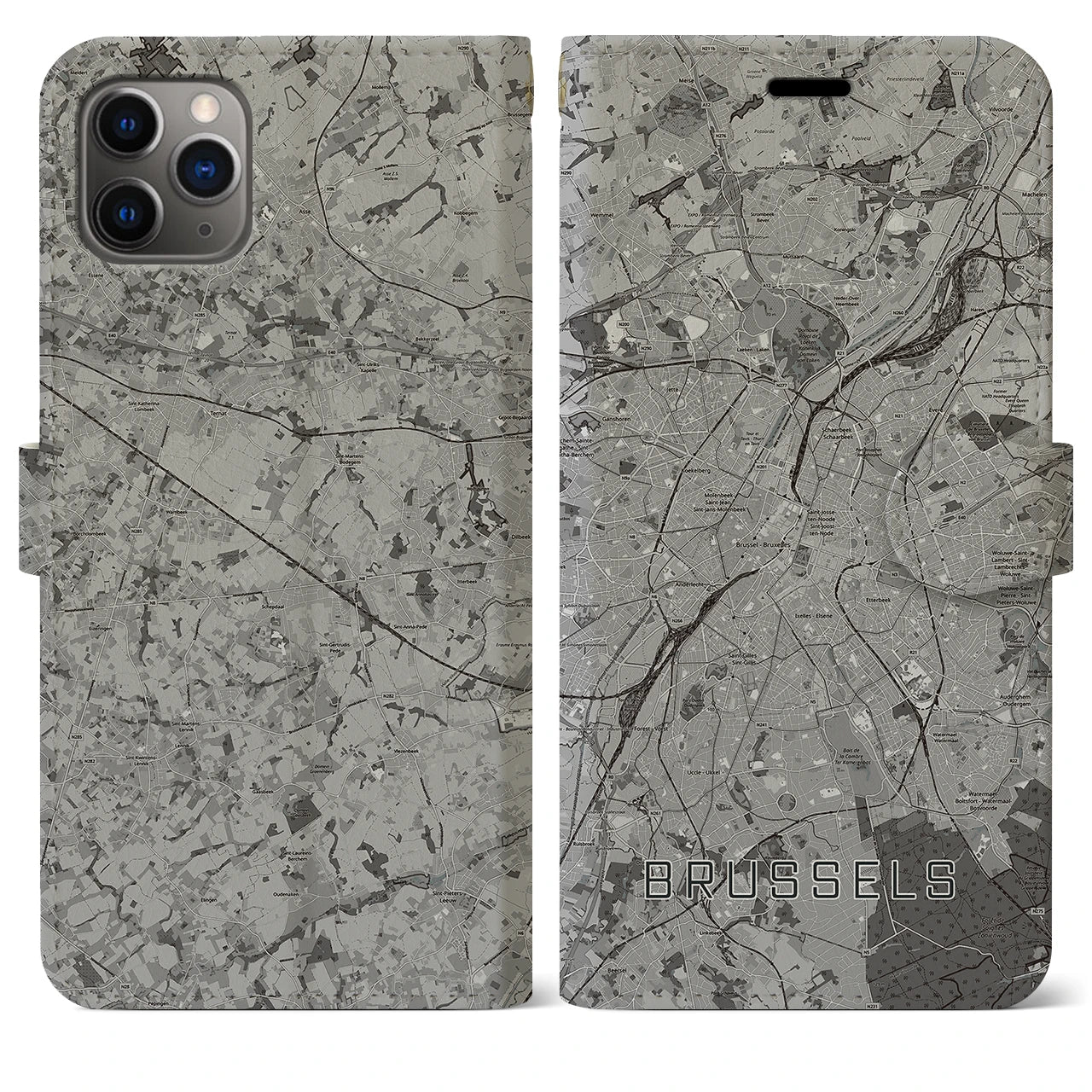 【ブリュッセル(ベルギー)】地図柄iPhoneケース(手帳タイプ)モノトーン・iPhone 11 Pro Max 用