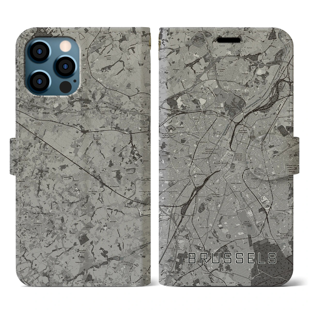 【ブリュッセル(ベルギー)】地図柄iPhoneケース(手帳タイプ)モノトーン・iPhone 12 / 12 Pro 用