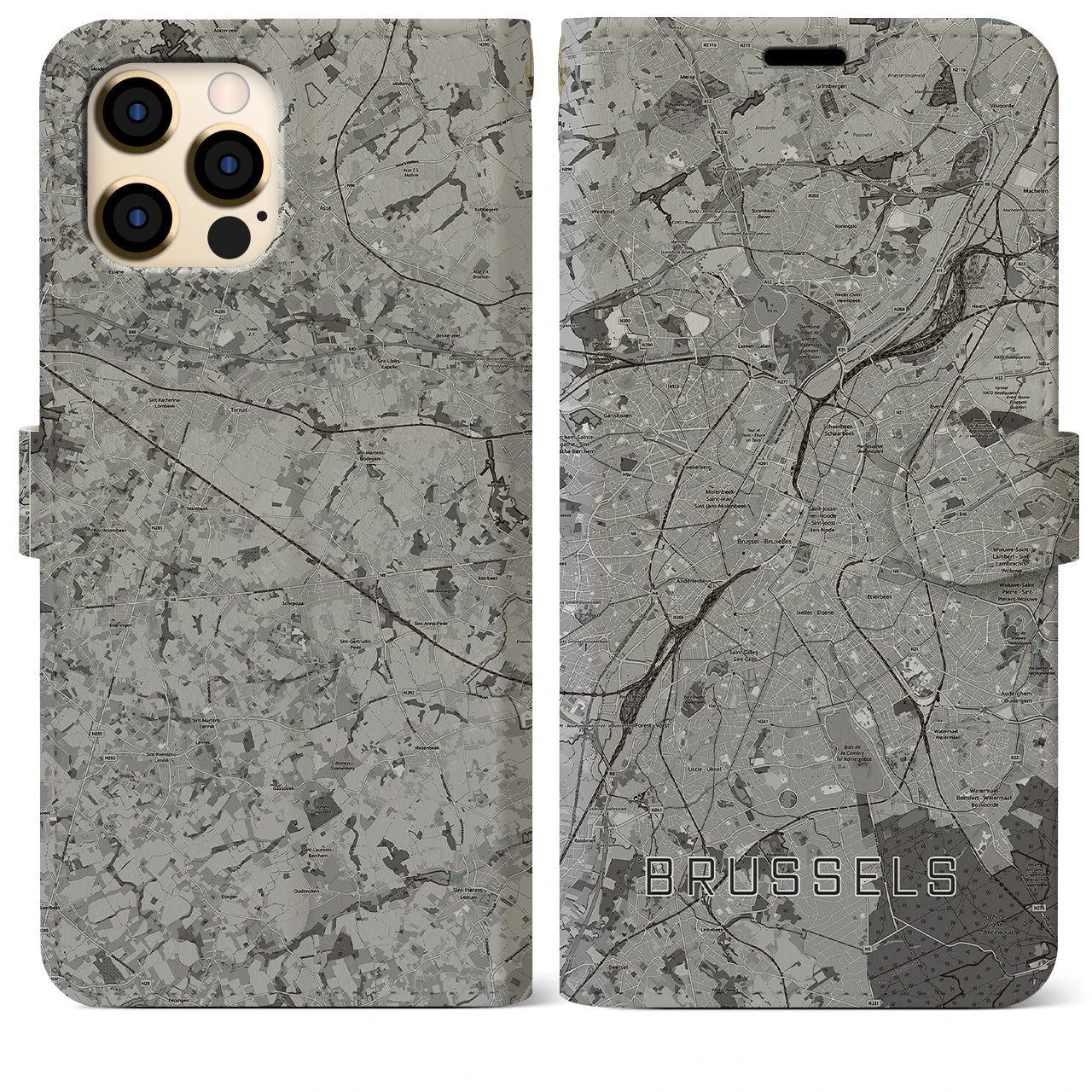 【ブリュッセル(ベルギー)】地図柄iPhoneケース(手帳タイプ)モノトーン・iPhone 12 Pro Max 用
