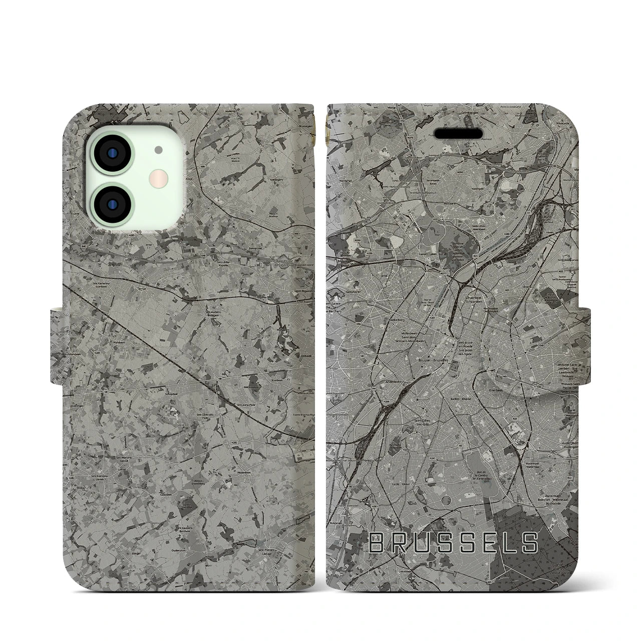 【ブリュッセル(ベルギー)】地図柄iPhoneケース(手帳タイプ)モノトーン・iPhone 12 mini 用