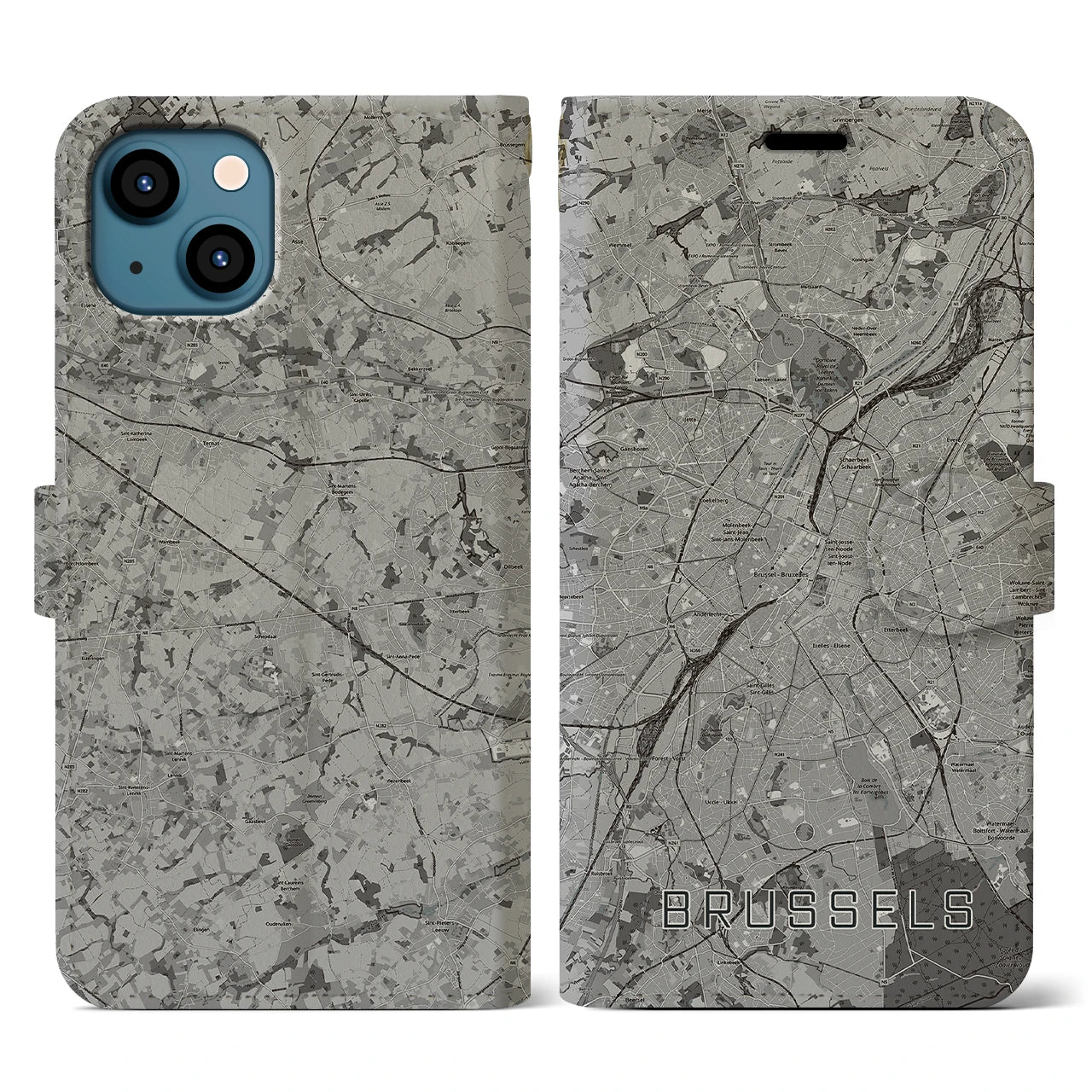 【ブリュッセル(ベルギー)】地図柄iPhoneケース(手帳タイプ)モノトーン・iPhone 13 用