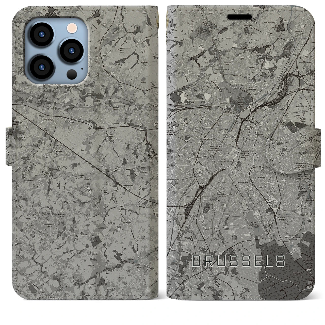【ブリュッセル(ベルギー)】地図柄iPhoneケース(手帳タイプ)モノトーン・iPhone 13 Pro Max 用