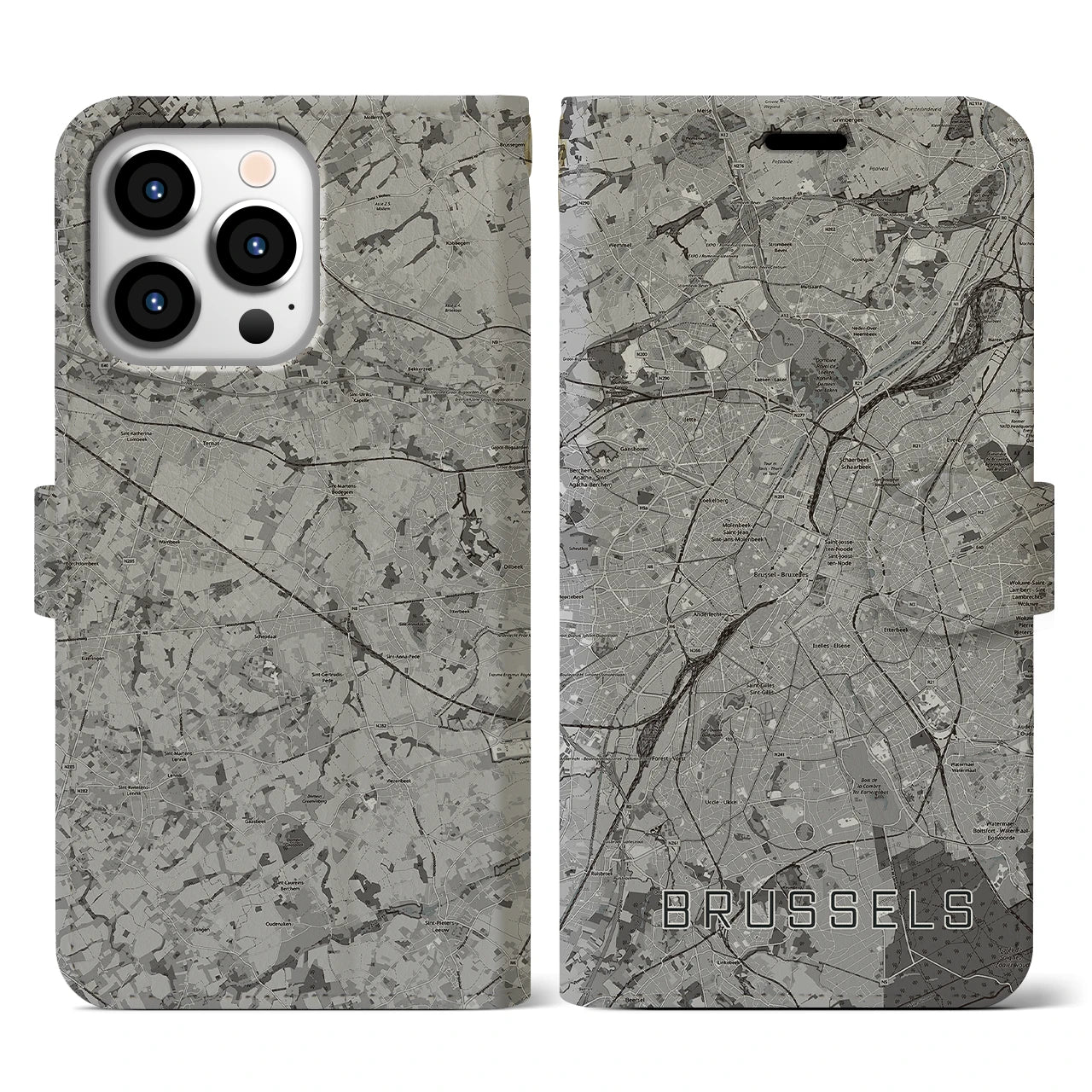 【ブリュッセル(ベルギー)】地図柄iPhoneケース(手帳タイプ)モノトーン・iPhone 13 Pro 用