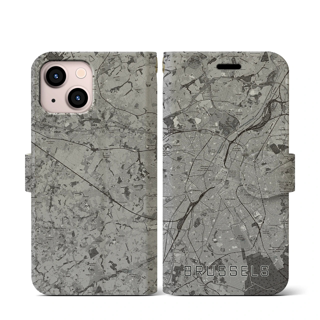 【ブリュッセル(ベルギー)】地図柄iPhoneケース(手帳タイプ)モノトーン・iPhone 13 mini 用