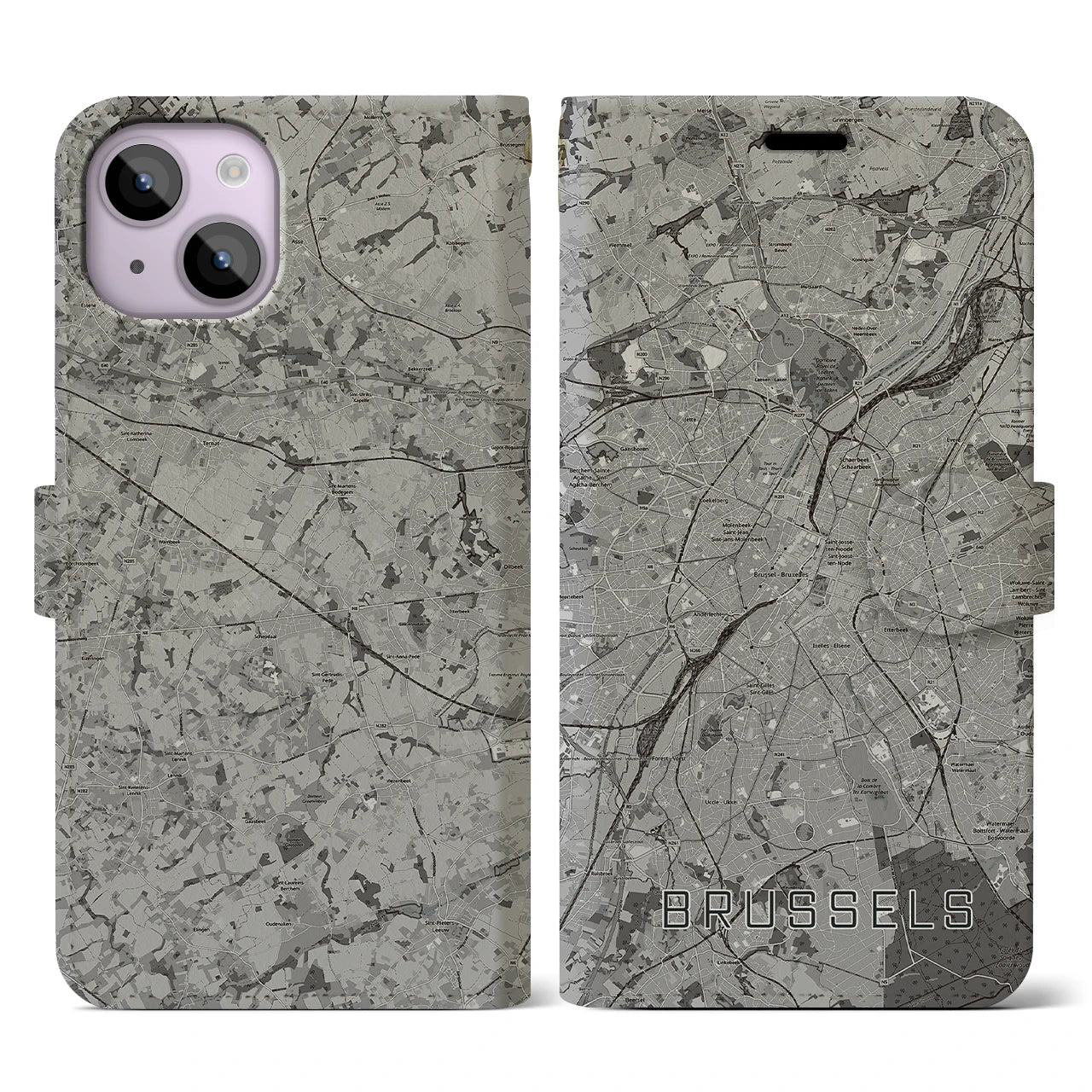 【ブリュッセル(ベルギー)】地図柄iPhoneケース(手帳タイプ)モノトーン・iPhone 14 用