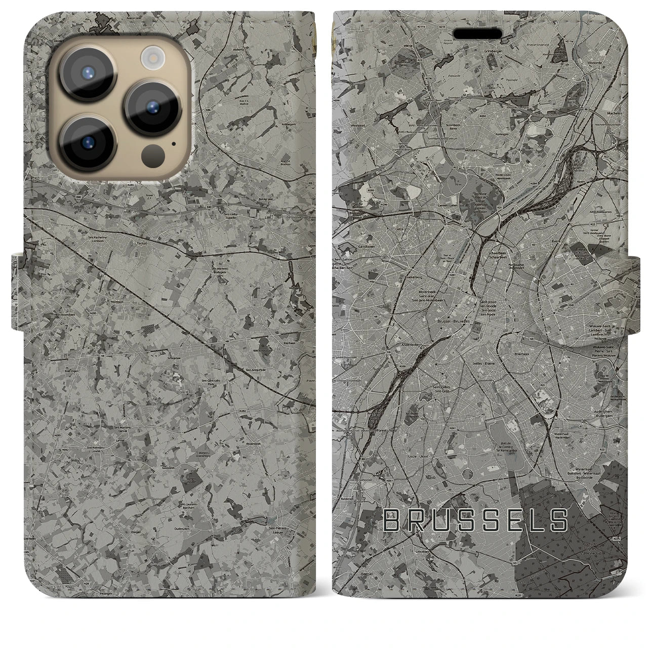 【ブリュッセル(ベルギー)】地図柄iPhoneケース(手帳タイプ)モノトーン・iPhone 14 Pro Max 用