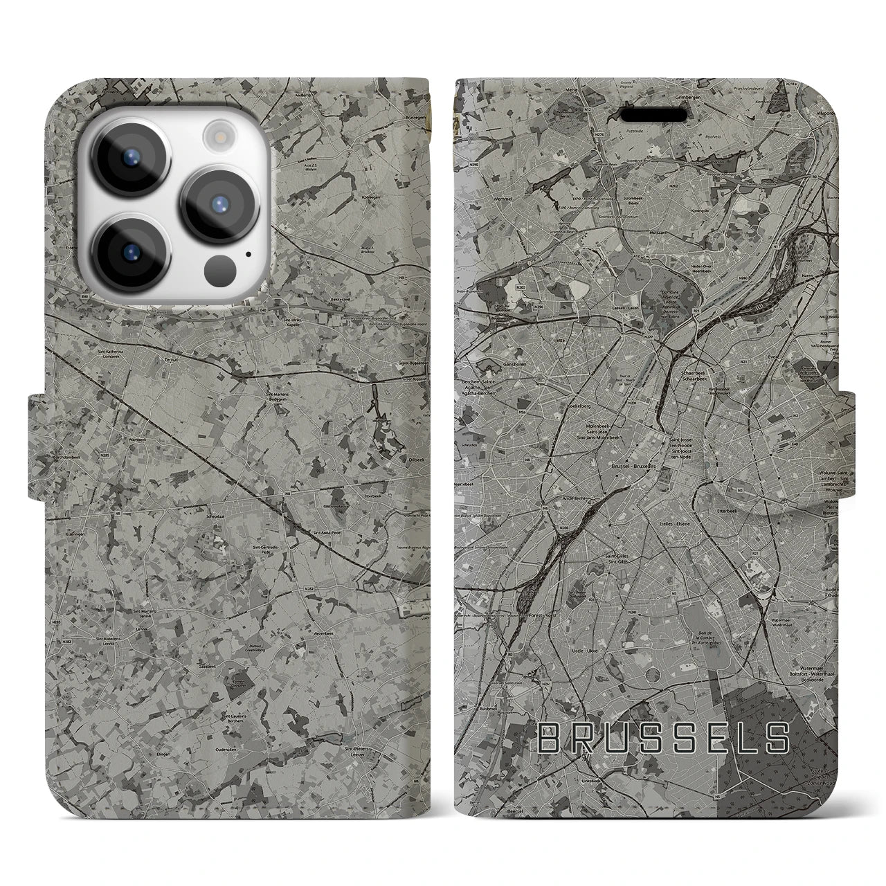【ブリュッセル(ベルギー)】地図柄iPhoneケース(手帳タイプ)モノトーン・iPhone 14 Pro 用