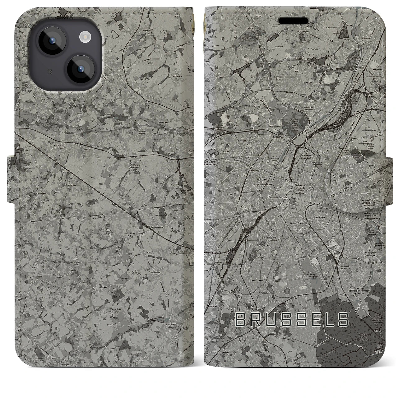【ブリュッセル(ベルギー)】地図柄iPhoneケース(手帳タイプ)モノトーン・iPhone 14 Plus 用