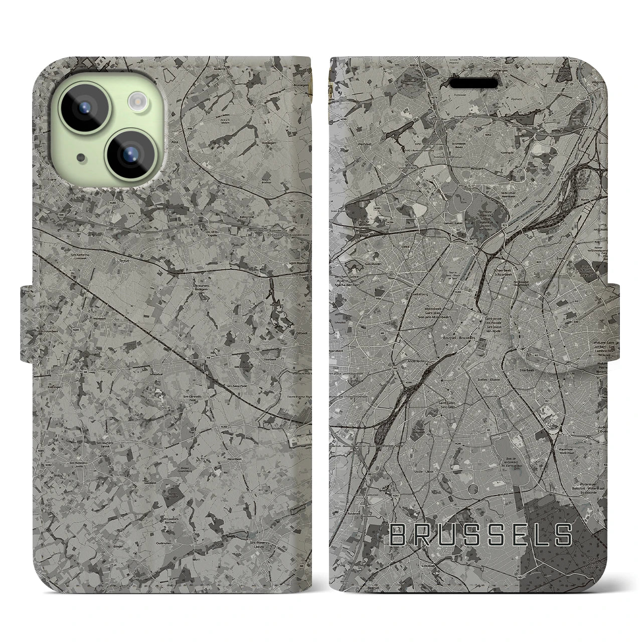 【ブリュッセル(ベルギー)】地図柄iPhoneケース(手帳タイプ)モノトーン・iPhone 15 用