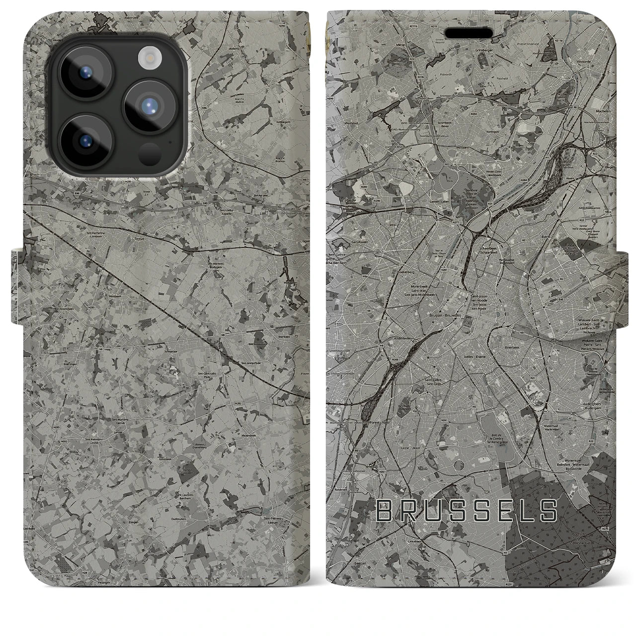 【ブリュッセル(ベルギー)】地図柄iPhoneケース(手帳タイプ)モノトーン・iPhone 15 Pro Max 用