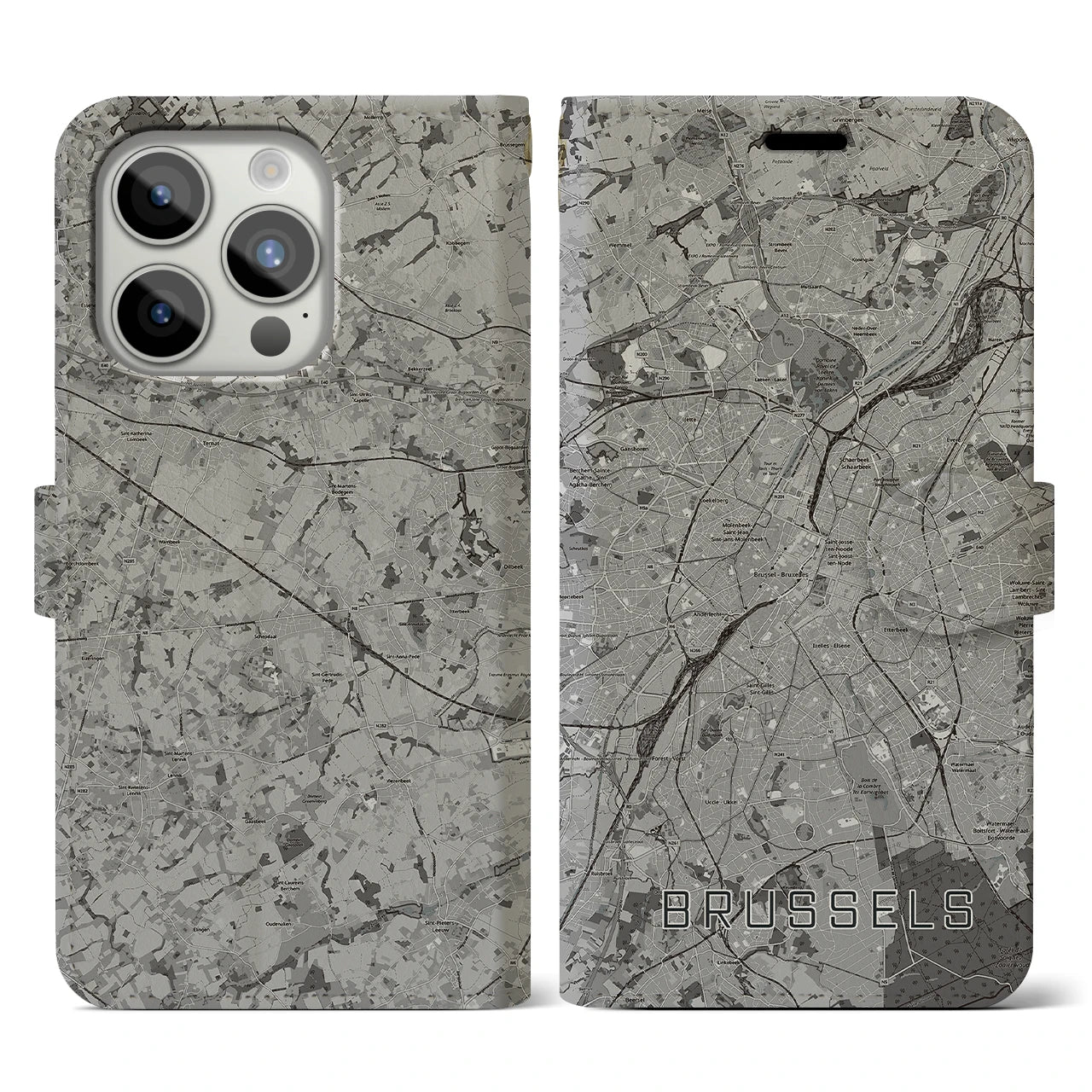【ブリュッセル(ベルギー)】地図柄iPhoneケース(手帳タイプ)モノトーン・iPhone 15 Pro 用