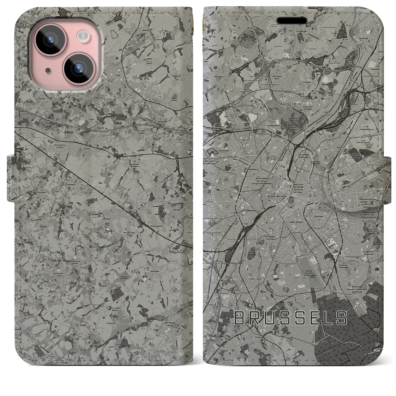 【ブリュッセル(ベルギー)】地図柄iPhoneケース(手帳タイプ)モノトーン・iPhone 15 Plus 用