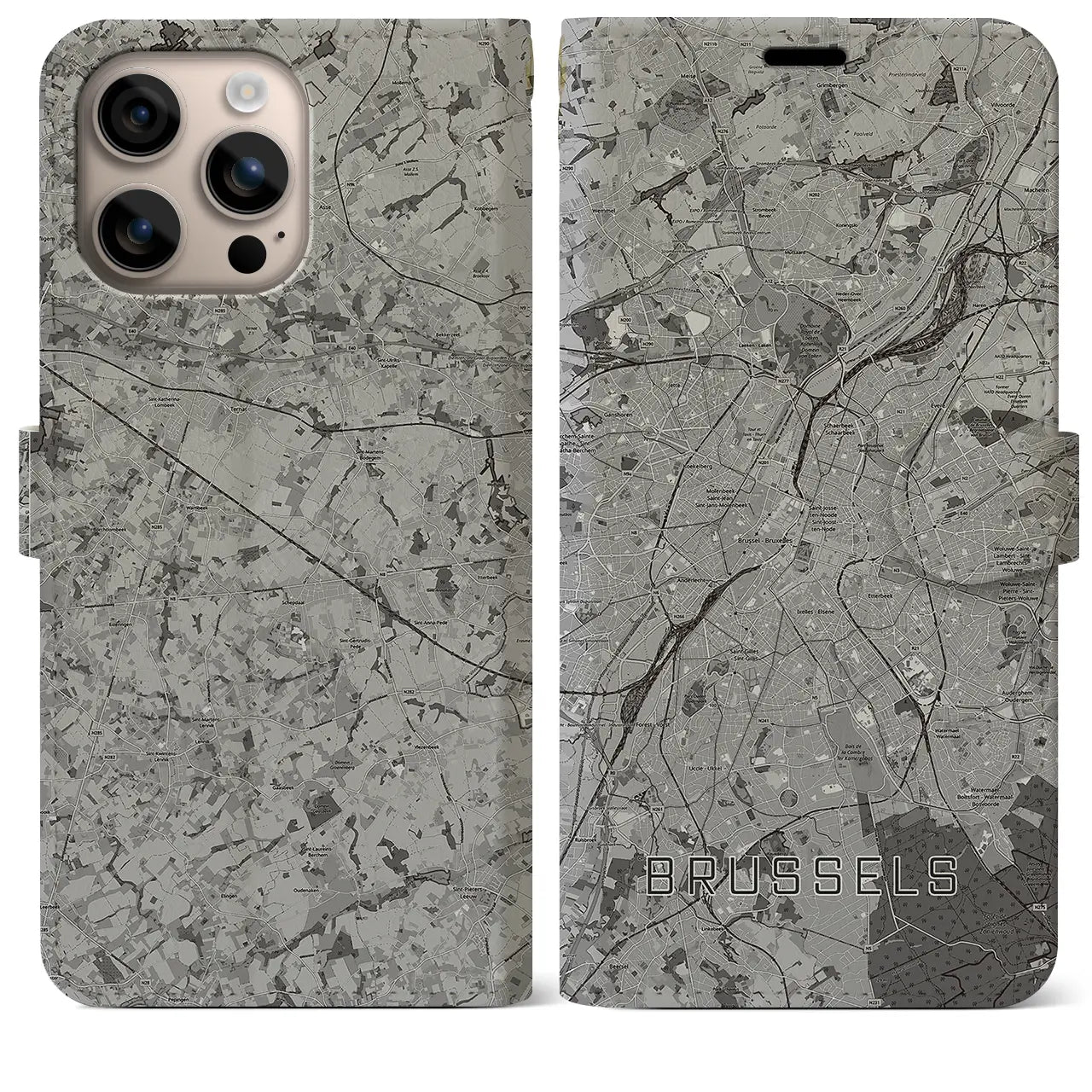【ブリュッセル(ベルギー)】地図柄iPhoneケース(手帳タイプ)モノトーン・iPhone 16 Plus 用