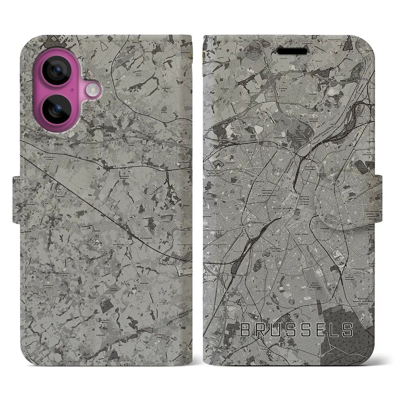 【ブリュッセル(ベルギー)】地図柄iPhoneケース(手帳タイプ)モノトーン・iPhone 16 Pro 用