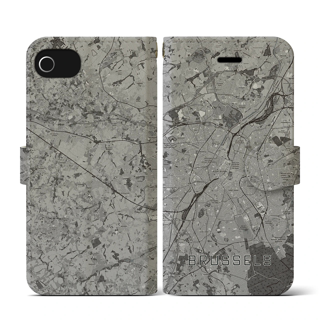 【ブリュッセル(ベルギー)】地図柄iPhoneケース(手帳タイプ)モノトーン・iPhone SE(第3 / 第2世代) / 8 / 7 / 6s / 6 用