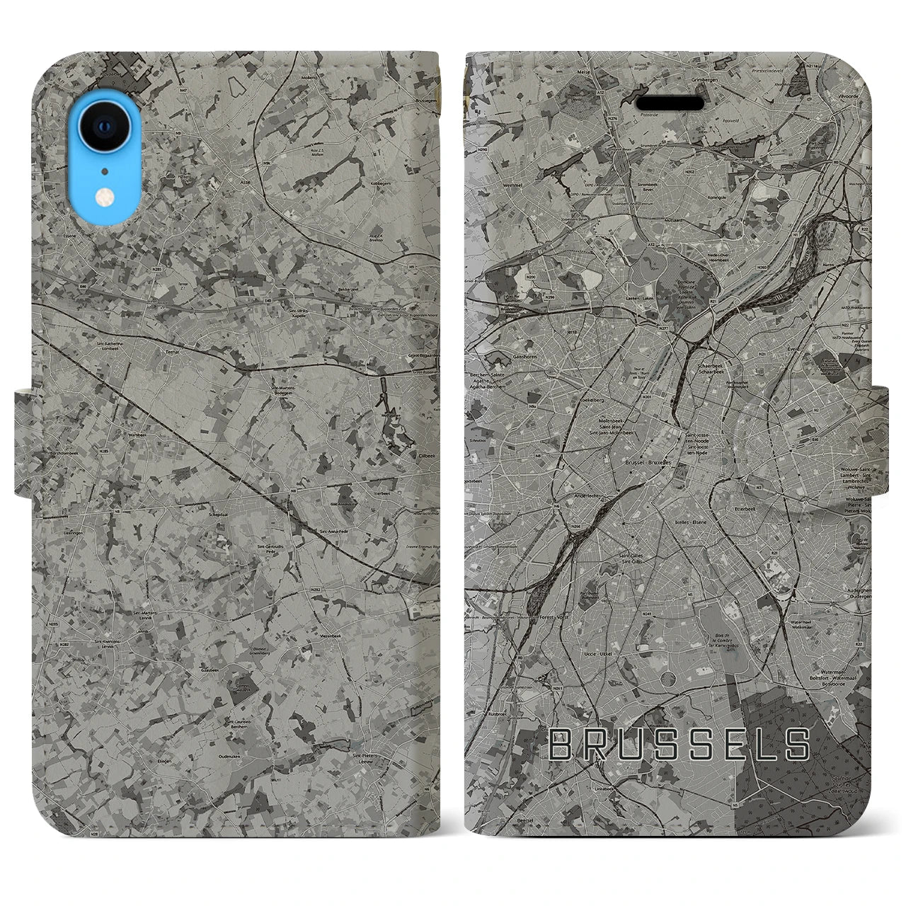 【ブリュッセル(ベルギー)】地図柄iPhoneケース(手帳タイプ)モノトーン・iPhone XR 用