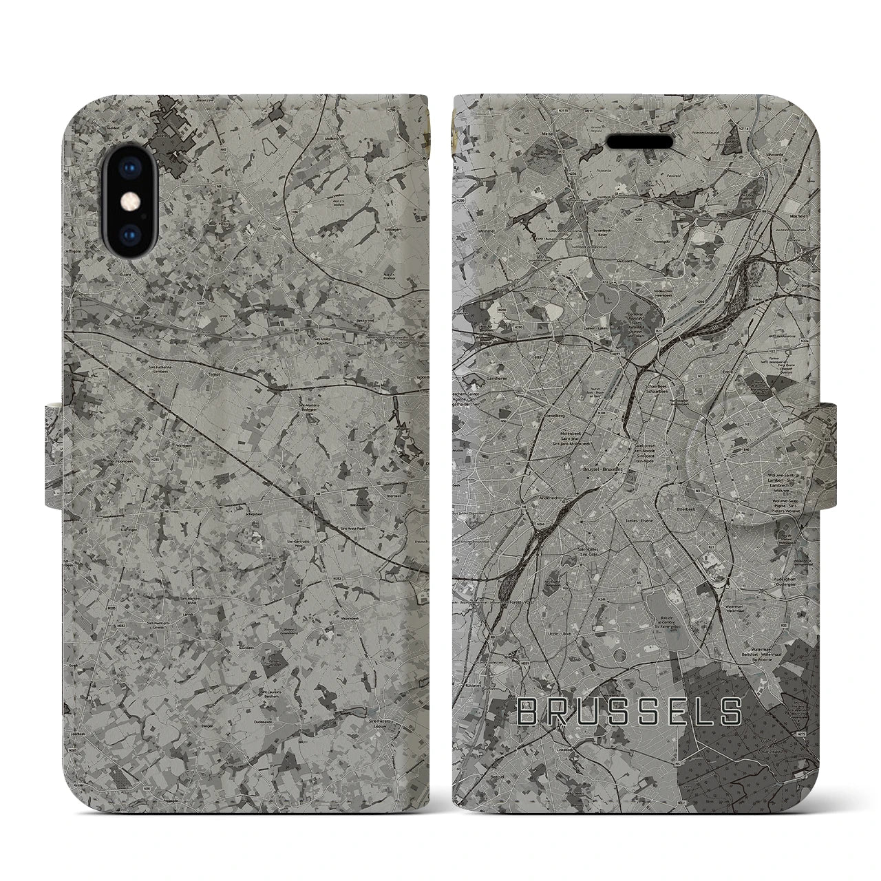 【ブリュッセル(ベルギー)】地図柄iPhoneケース(手帳タイプ)モノトーン・iPhone XS / X 用