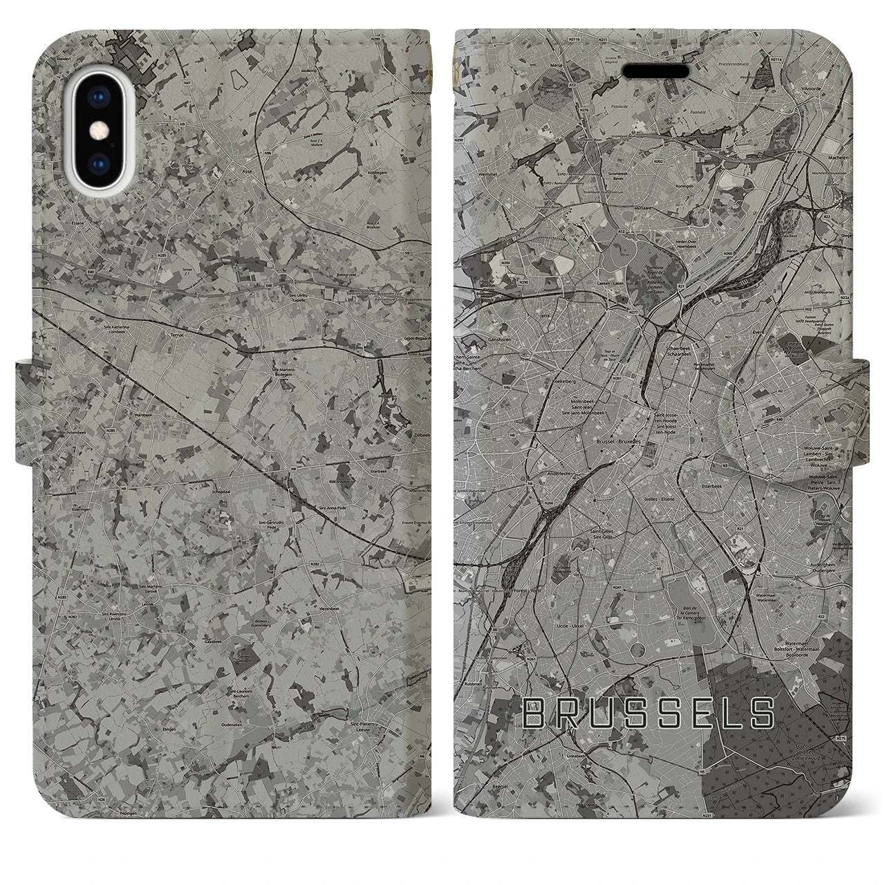 【ブリュッセル(ベルギー)】地図柄iPhoneケース(手帳タイプ)モノトーン・iPhone XS Max 用