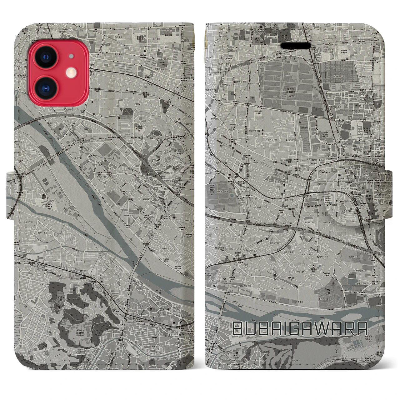【分倍河原(東京都)】地図柄iPhoneケース(手帳タイプ)モノトーン・iPhone 11 用