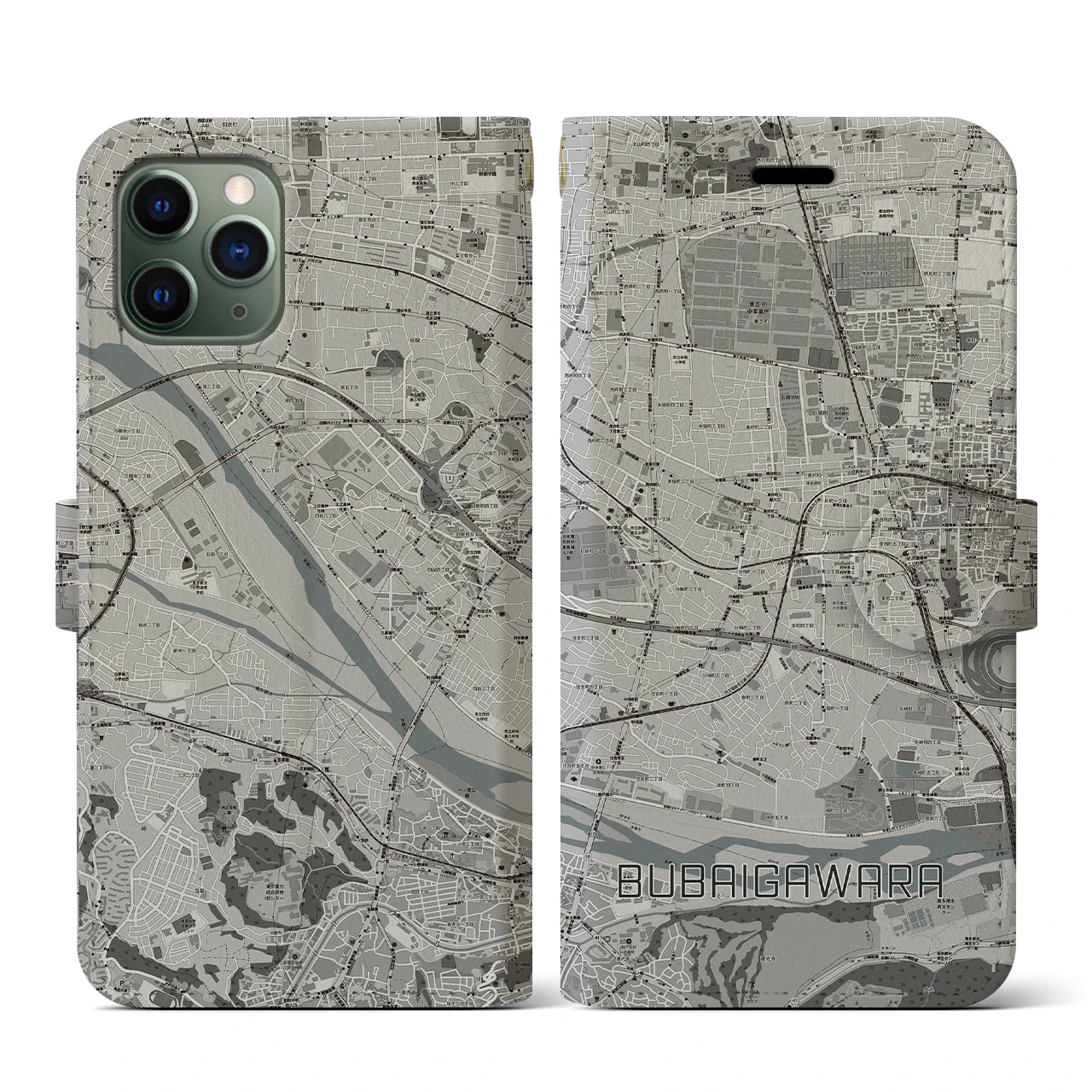 【分倍河原(東京都)】地図柄iPhoneケース(手帳タイプ)モノトーン・iPhone 11 Pro 用