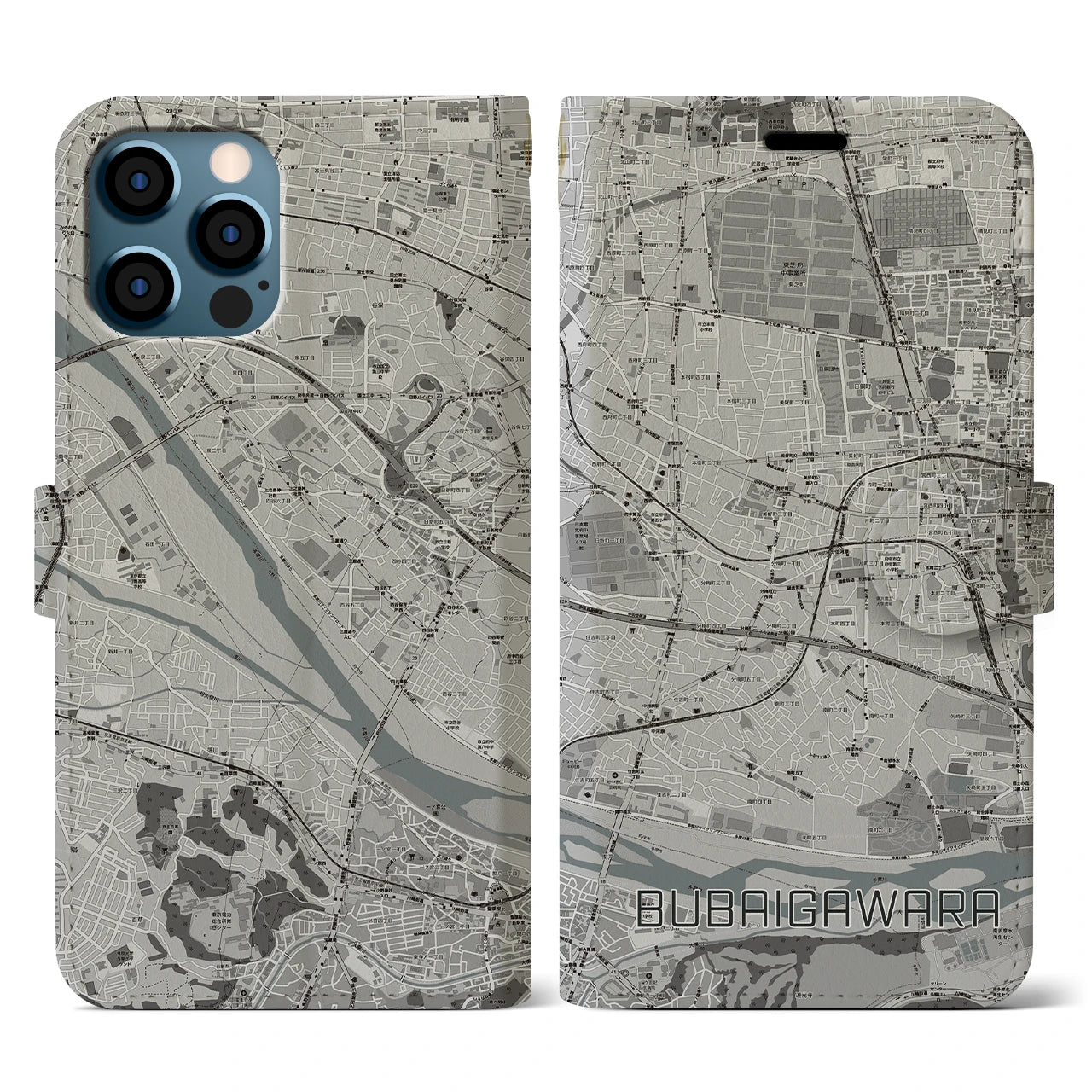 【分倍河原(東京都)】地図柄iPhoneケース(手帳タイプ)モノトーン・iPhone 12 / 12 Pro 用