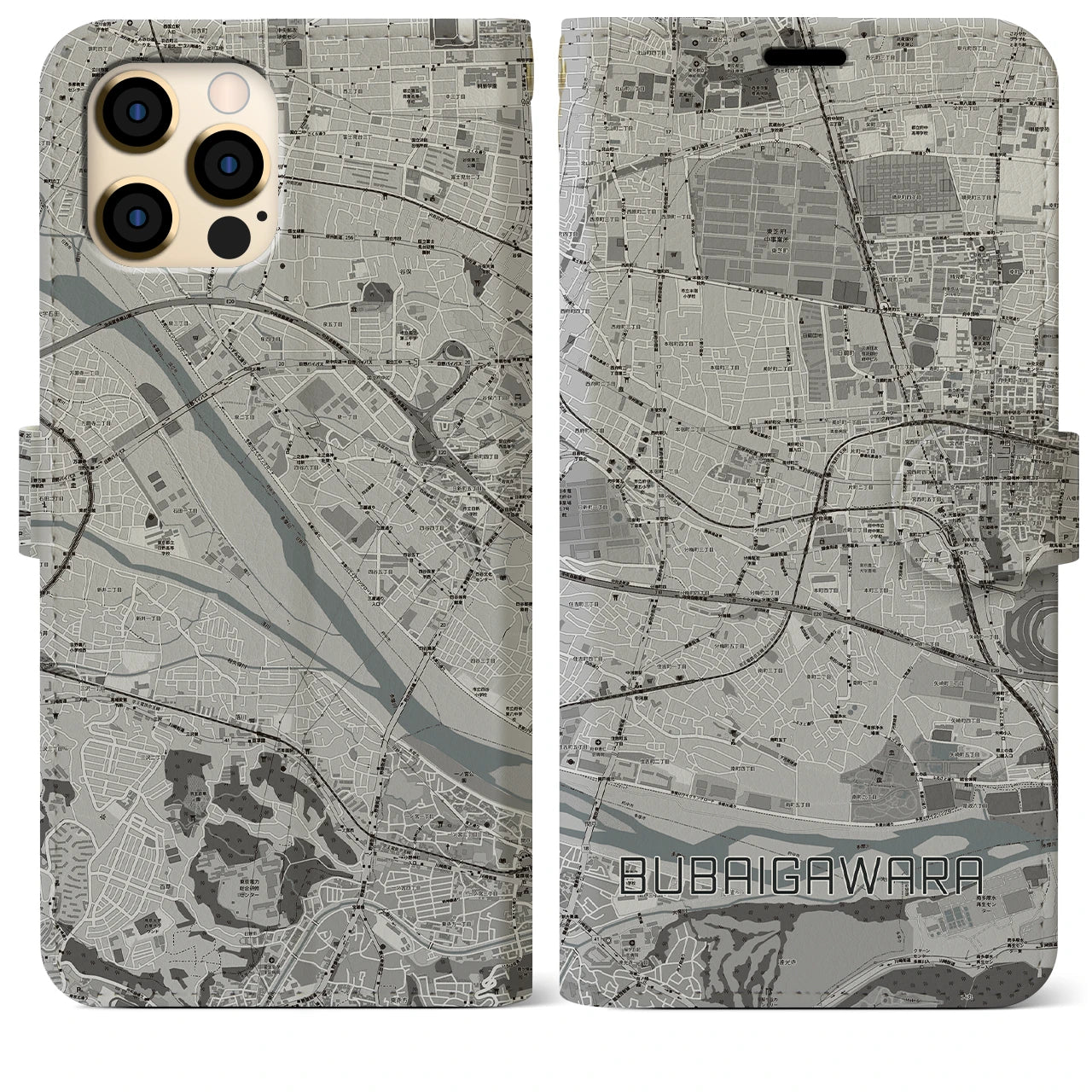 【分倍河原(東京都)】地図柄iPhoneケース(手帳タイプ)モノトーン・iPhone 12 Pro Max 用