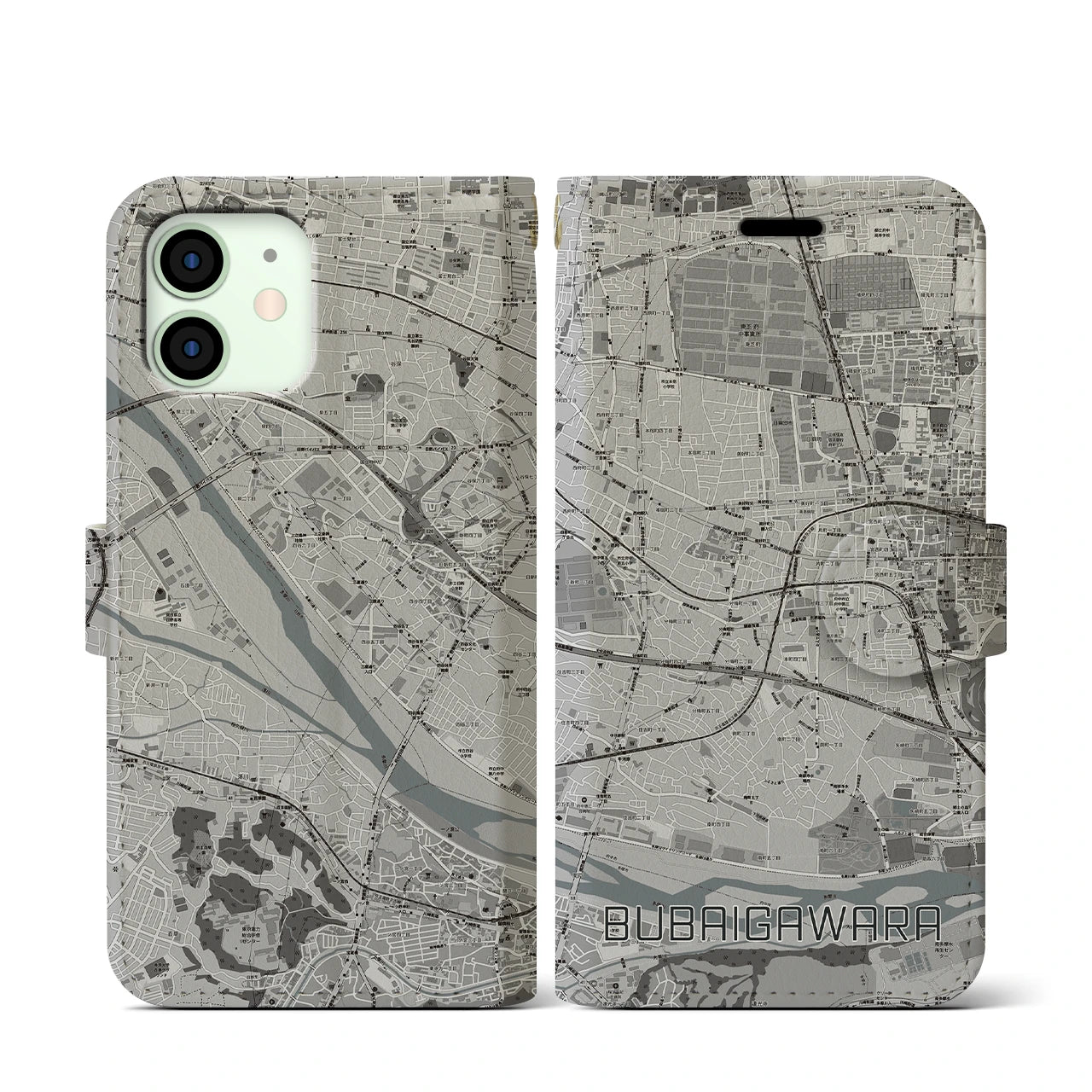 【分倍河原(東京都)】地図柄iPhoneケース(手帳タイプ)モノトーン・iPhone 12 mini 用