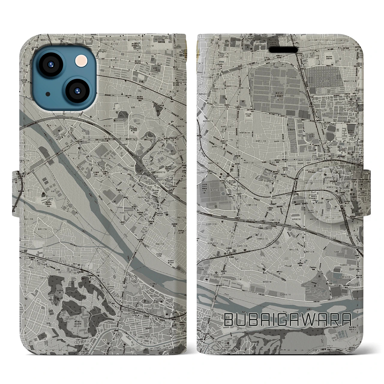 【分倍河原(東京都)】地図柄iPhoneケース(手帳タイプ)モノトーン・iPhone 13 用