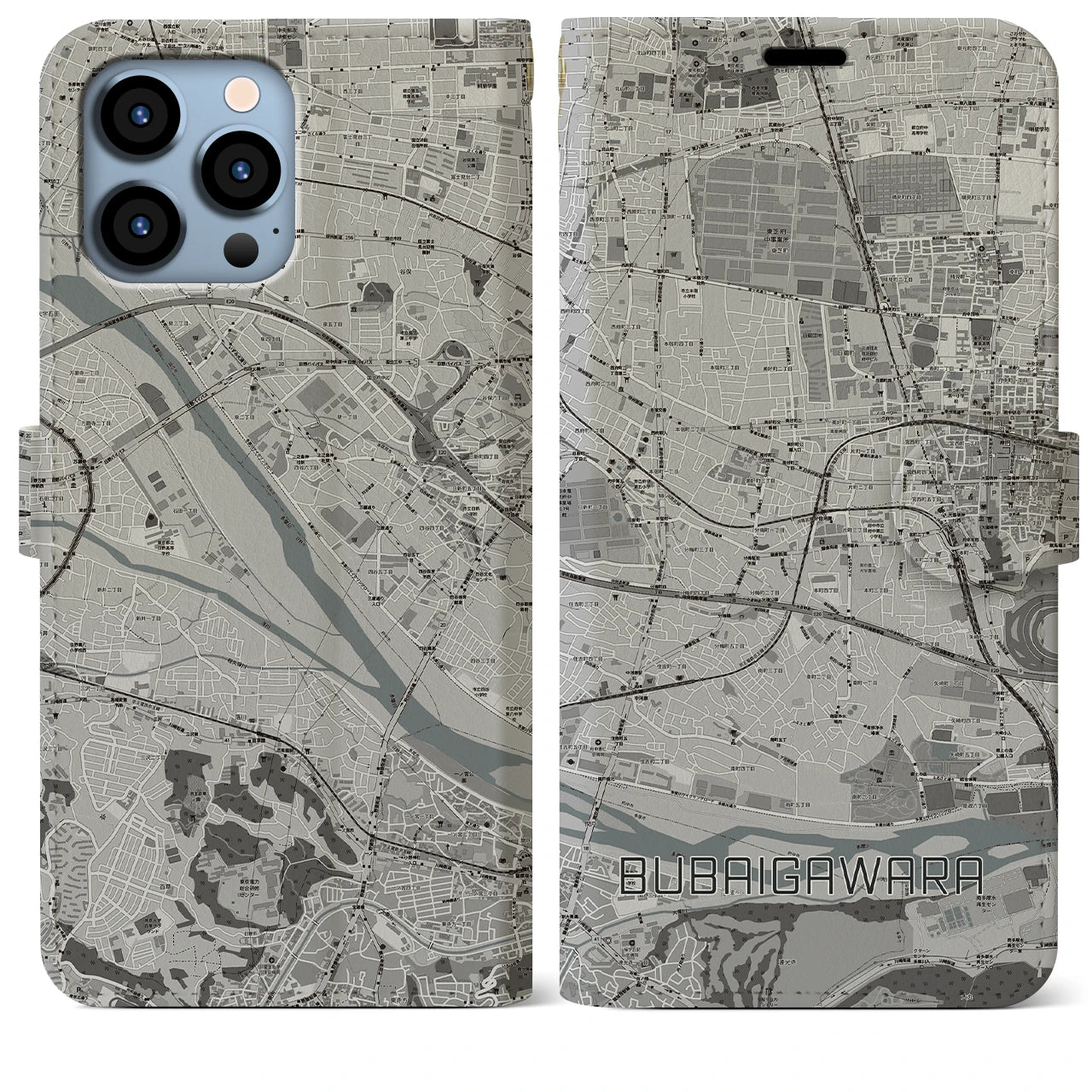 【分倍河原(東京都)】地図柄iPhoneケース(手帳タイプ)モノトーン・iPhone 13 Pro Max 用