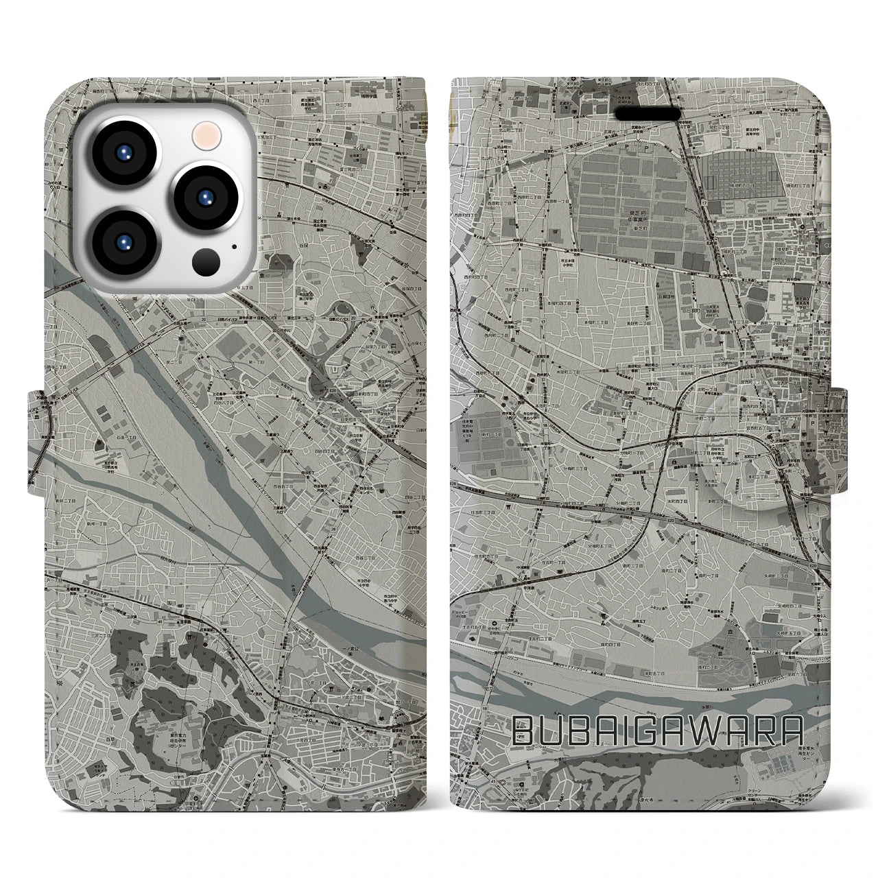【分倍河原(東京都)】地図柄iPhoneケース(手帳タイプ)モノトーン・iPhone 13 Pro 用