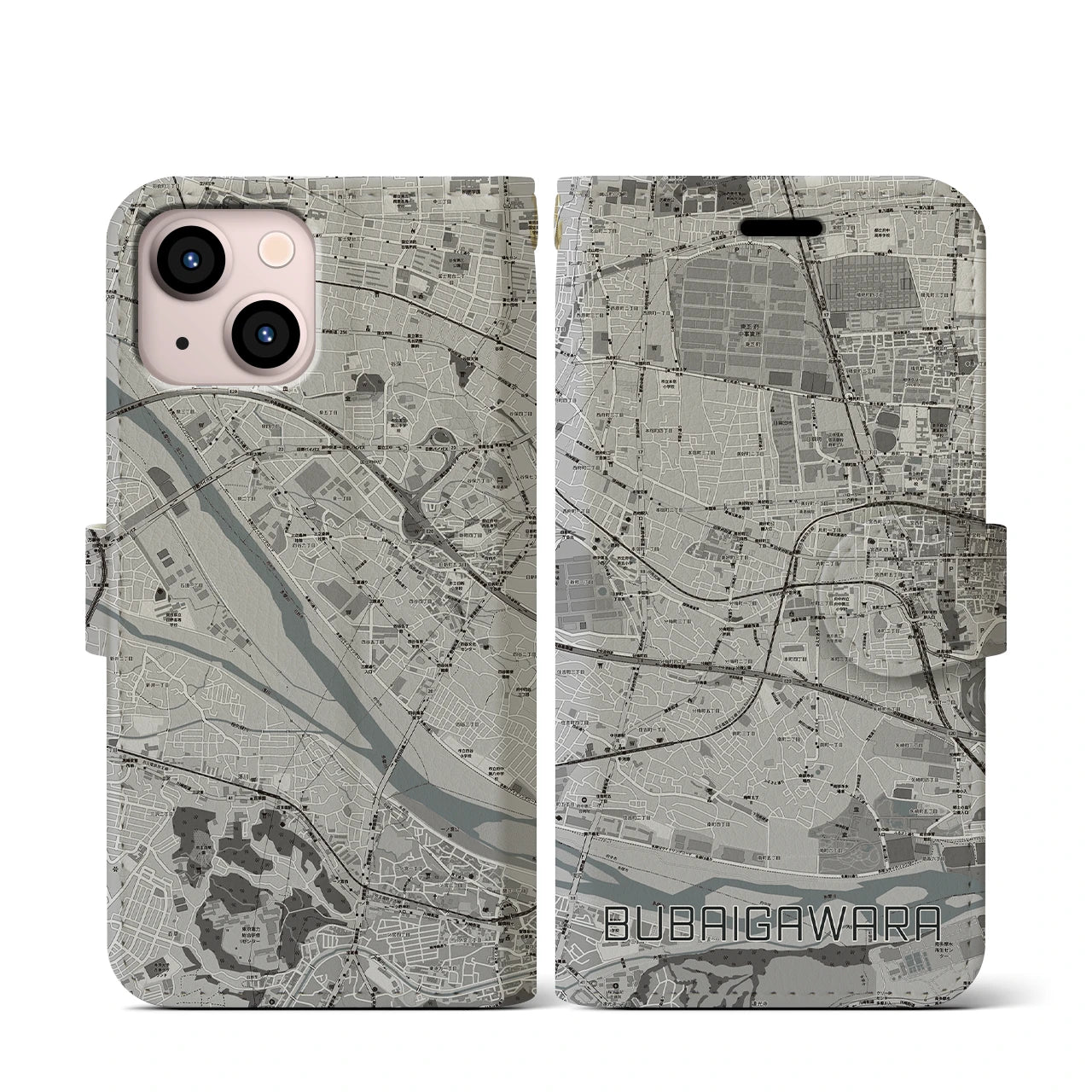 【分倍河原(東京都)】地図柄iPhoneケース(手帳タイプ)モノトーン・iPhone 13 mini 用