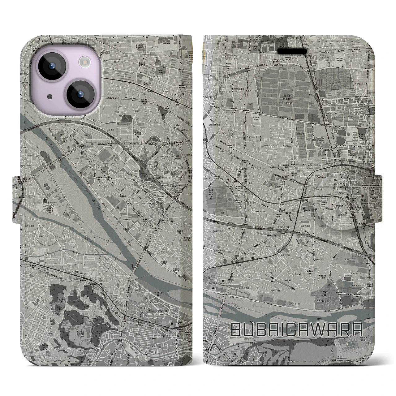 【分倍河原(東京都)】地図柄iPhoneケース(手帳タイプ)モノトーン・iPhone 14 用