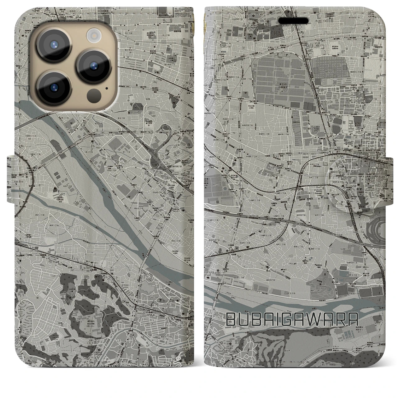【分倍河原(東京都)】地図柄iPhoneケース(手帳タイプ)モノトーン・iPhone 14 Pro Max 用