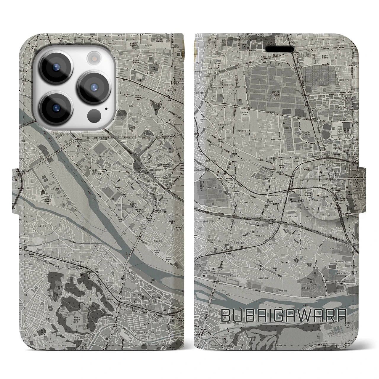 【分倍河原(東京都)】地図柄iPhoneケース(手帳タイプ)モノトーン・iPhone 14 Pro 用