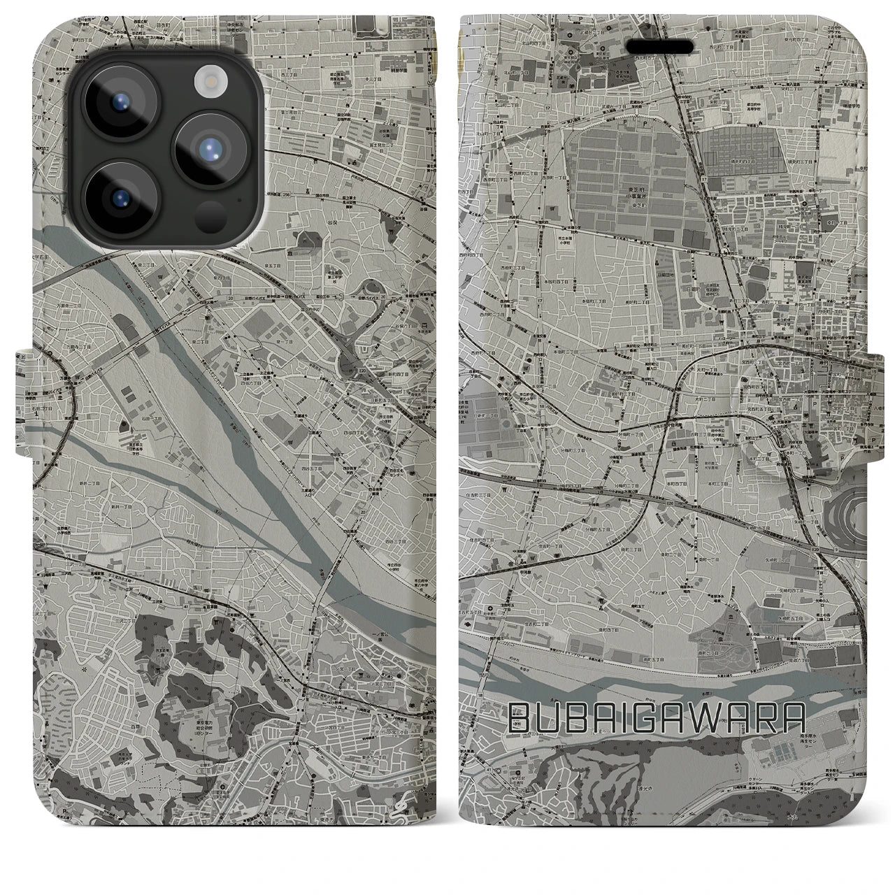 【分倍河原(東京都)】地図柄iPhoneケース(手帳タイプ)モノトーン・iPhone 15 Pro Max 用