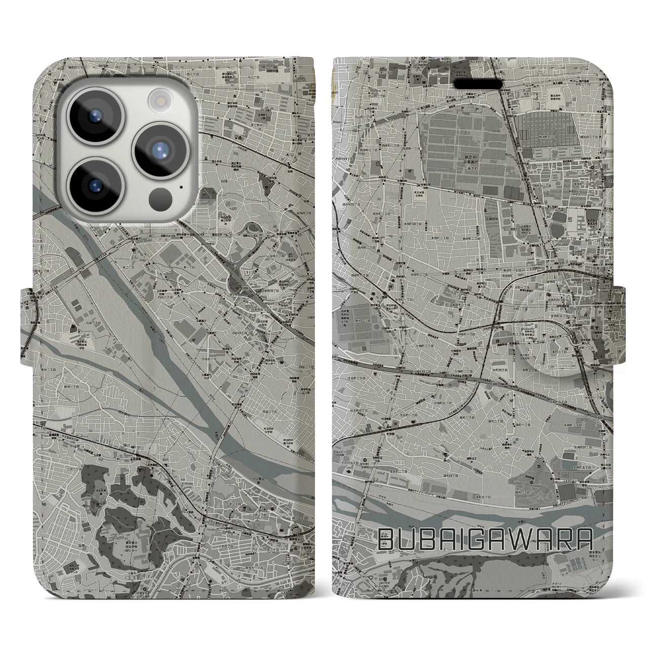 【分倍河原(東京都)】地図柄iPhoneケース(手帳タイプ)モノトーン・iPhone 15 Pro 用