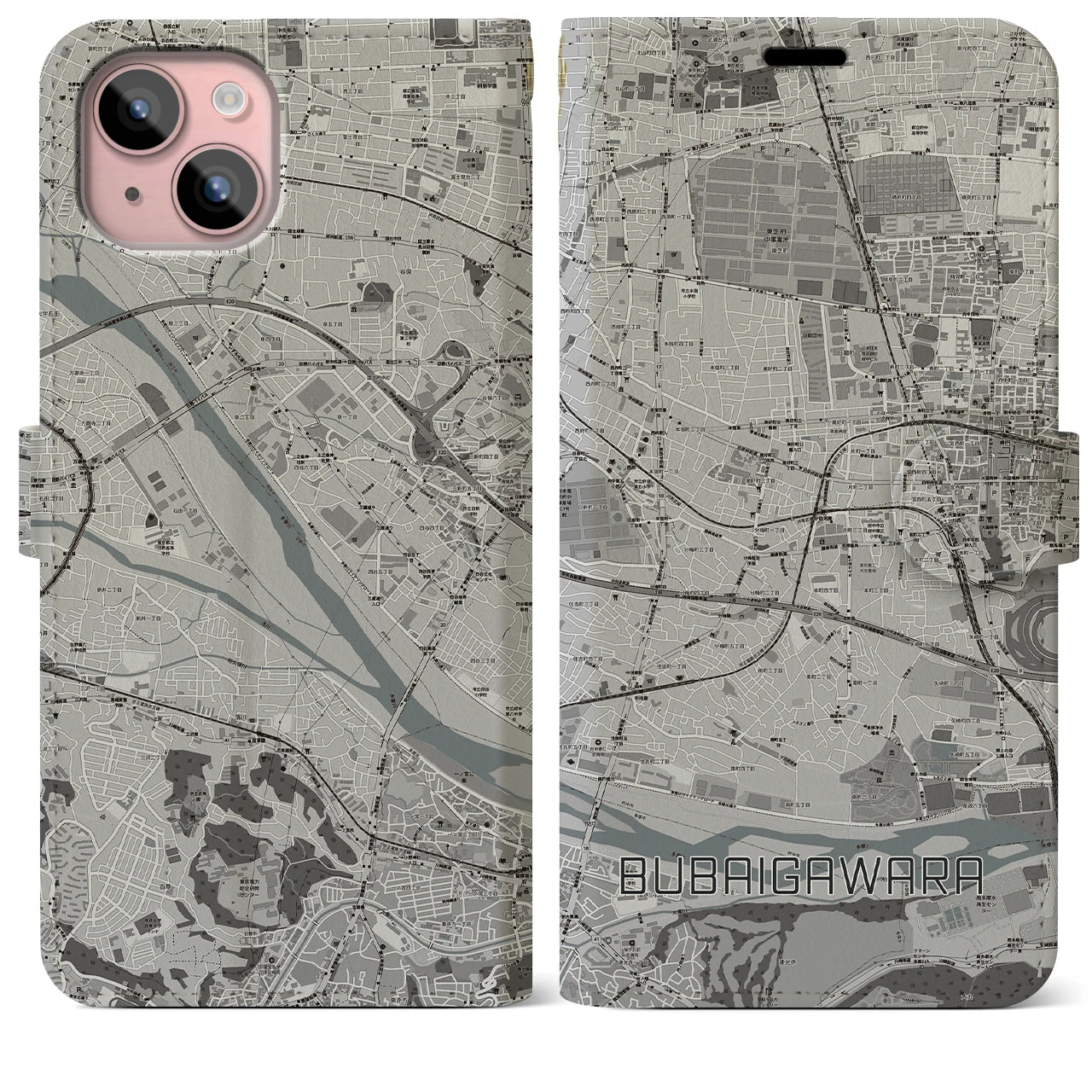 【分倍河原(東京都)】地図柄iPhoneケース(手帳タイプ)モノトーン・iPhone 15 Plus 用