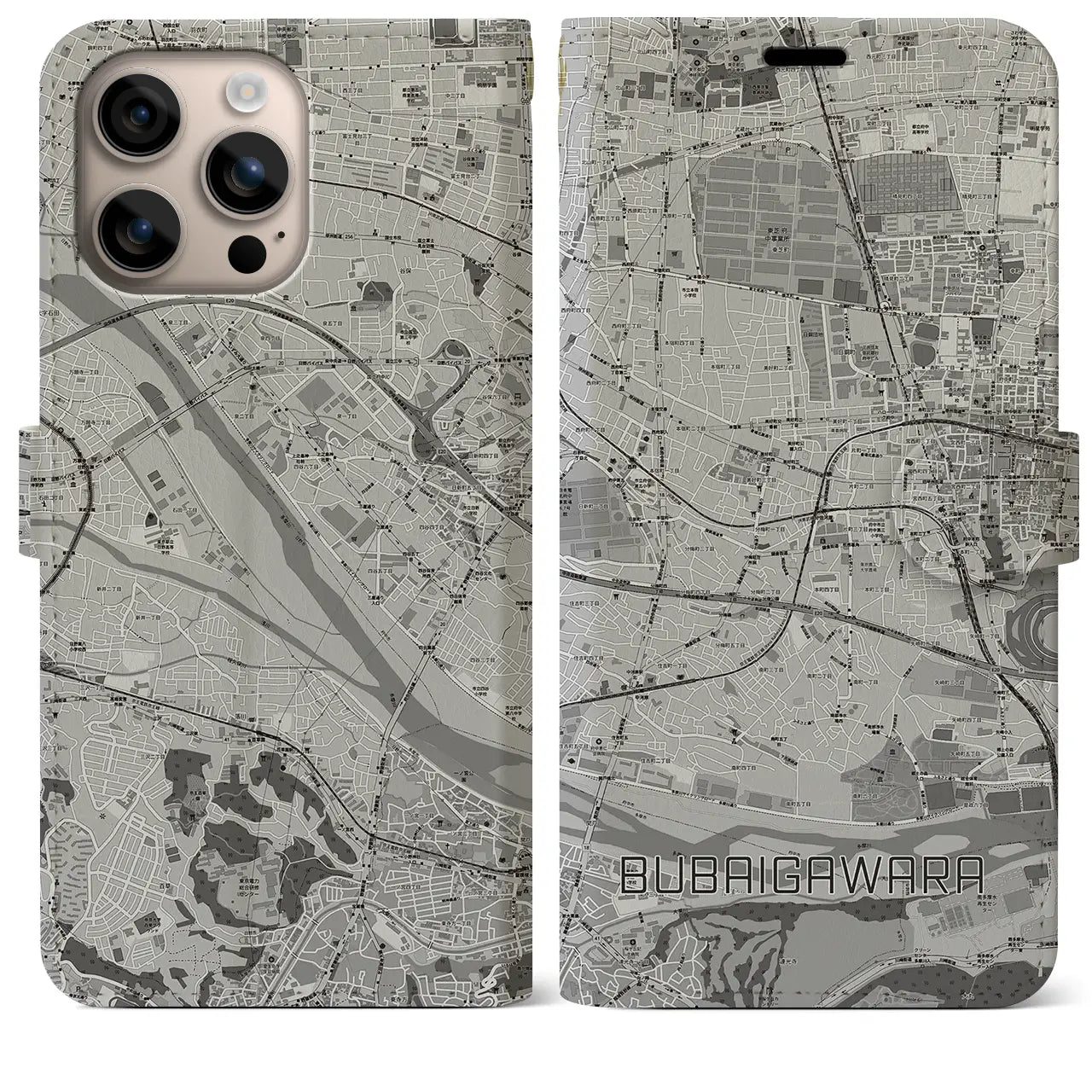 【分倍河原(東京都)】地図柄iPhoneケース(手帳タイプ)モノトーン・iPhone 16 Plus 用