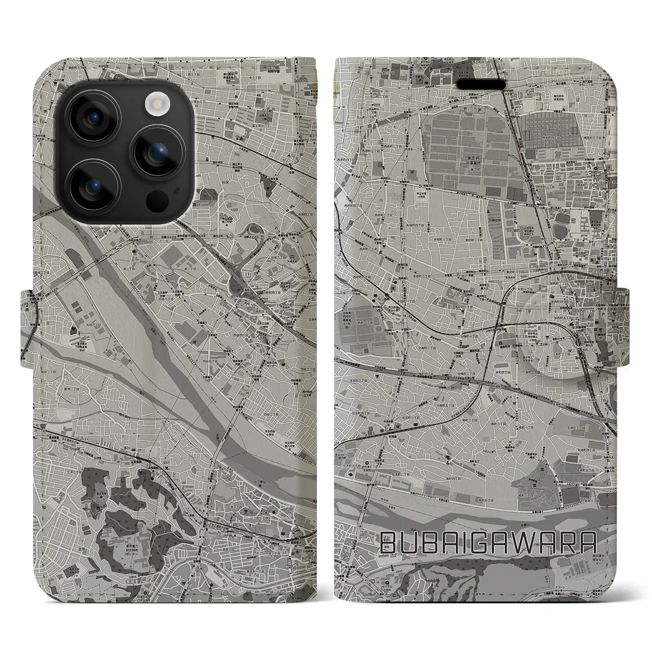 【分倍河原(東京都)】地図柄iPhoneケース(手帳タイプ)モノトーン・iPhone 16 用