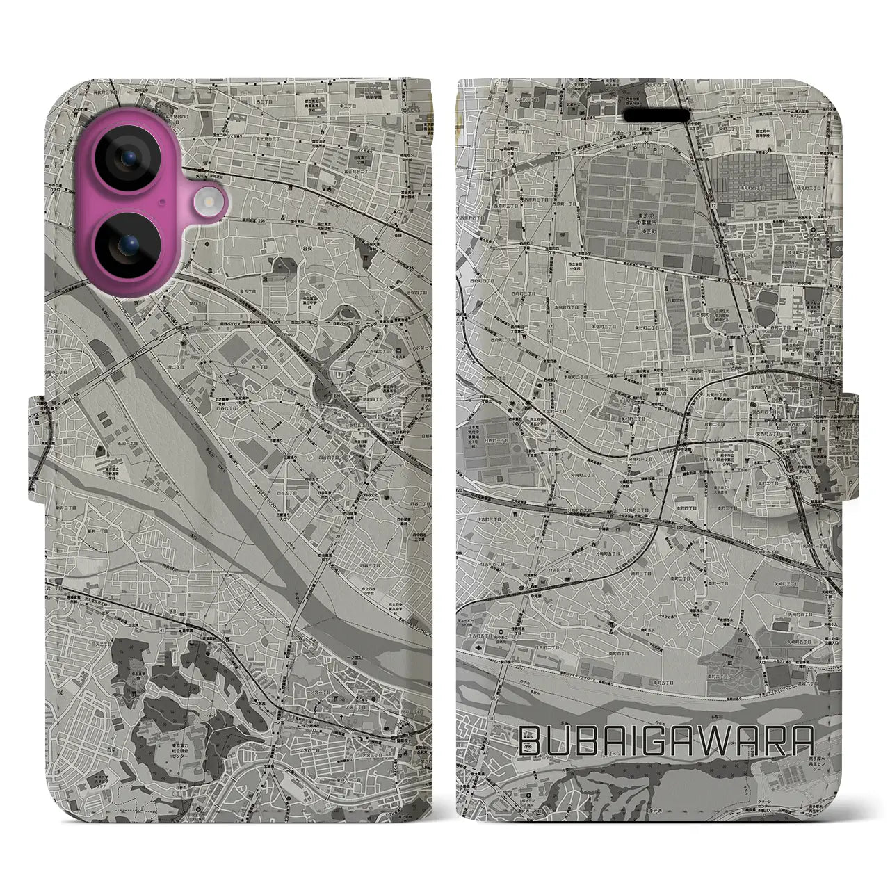 【分倍河原(東京都)】地図柄iPhoneケース(手帳タイプ)モノトーン・iPhone 16 Pro 用
