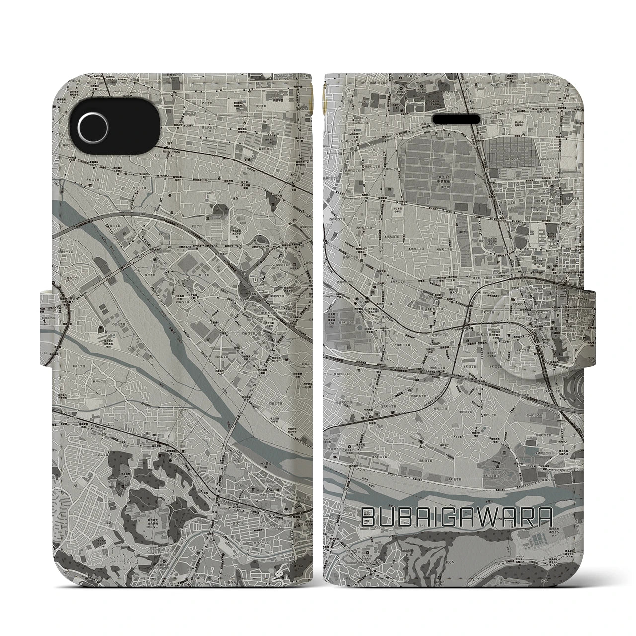 【分倍河原(東京都)】地図柄iPhoneケース(手帳タイプ)モノトーン・iPhone SE(第3 / 第2世代) / 8 / 7 / 6s / 6 用