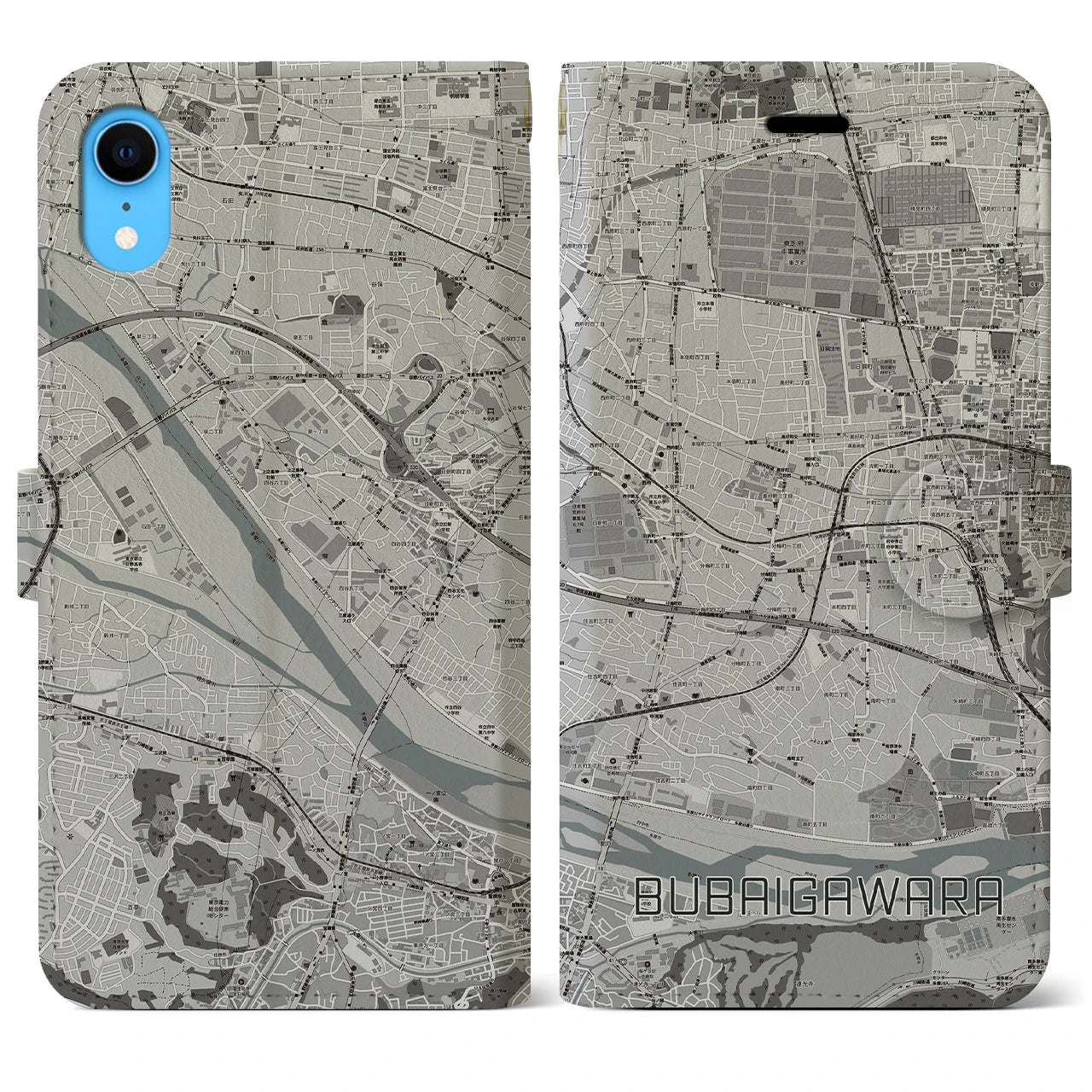【分倍河原(東京都)】地図柄iPhoneケース(手帳タイプ)モノトーン・iPhone XR 用