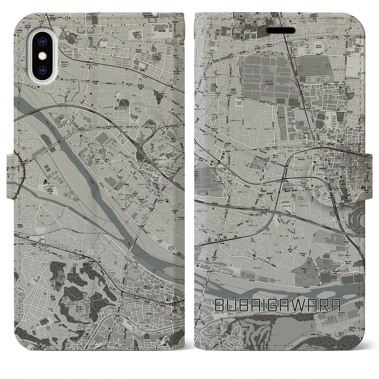【分倍河原(東京都)】地図柄iPhoneケース(手帳タイプ)モノトーン・iPhone XS Max 用